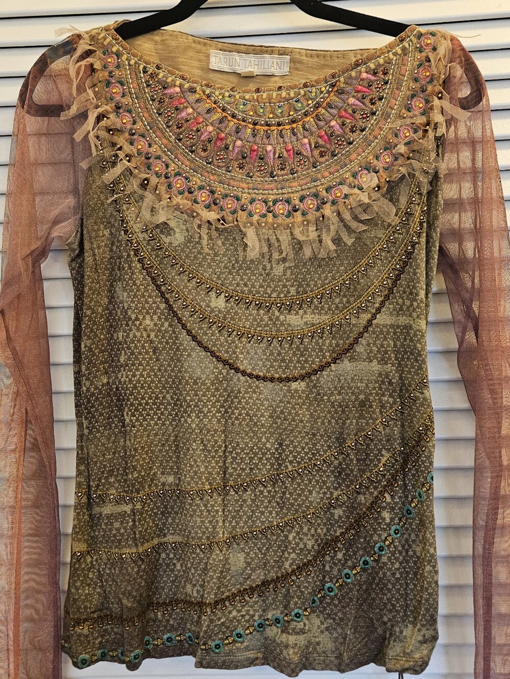 Tarun Tahiliani Gold Embellished Top with Pink Mesh Sleeves